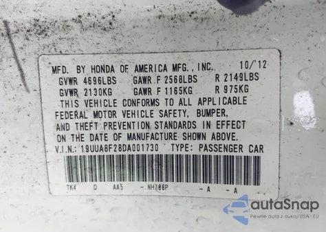 2013 Acura Tl 3.5 z USA, uszkodzony, nr VIN 19UUA8F28DA001730